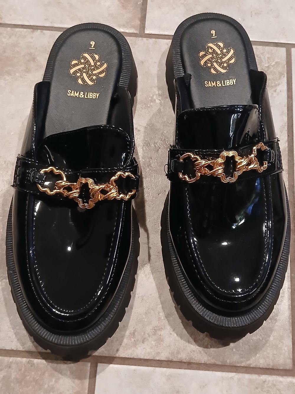 Sam & Libby Black Patent Slip-On Mules with Gold Chain Accent
